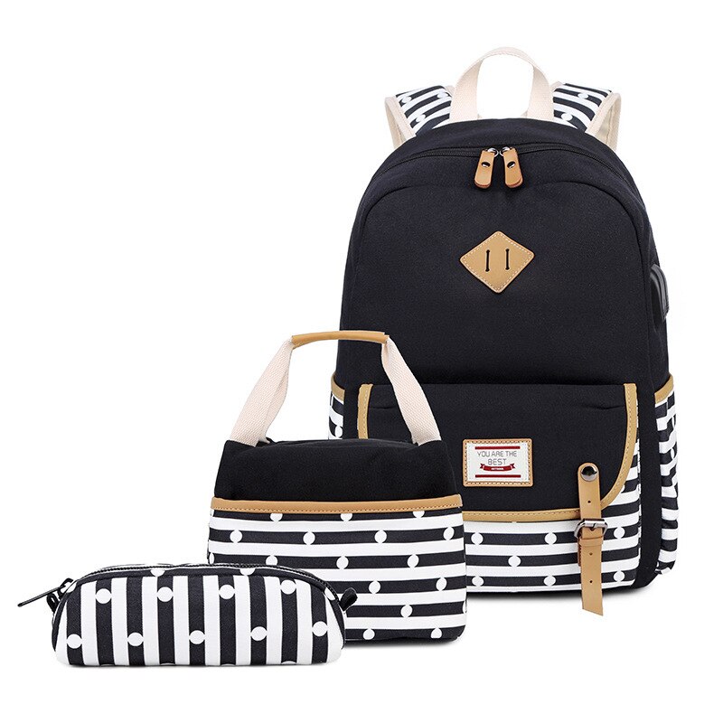 Usb Zak Vrouwen Aankomst Vrouwen Canvas Rugzak Schooltas Voor Meisjes Rugzak Rugzakken Schooltassen Reizen 3 Pcs: Black