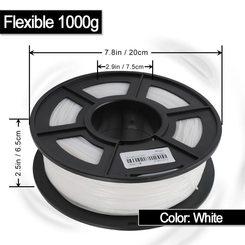 TPU/filamento Flexible de impresora 3D 1,75mm 0,5 KG/lb carrete negro elástico TPU con dureza de orilla en 95A: FLEXIBLE-WHITE