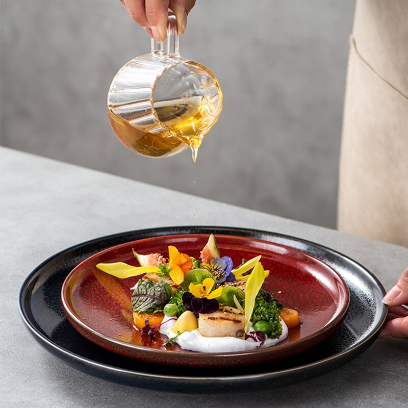 Red black ceramic plate set Kitchen restaurant party steak plate Dinner dish salad spaghetti Microwave trays can be used