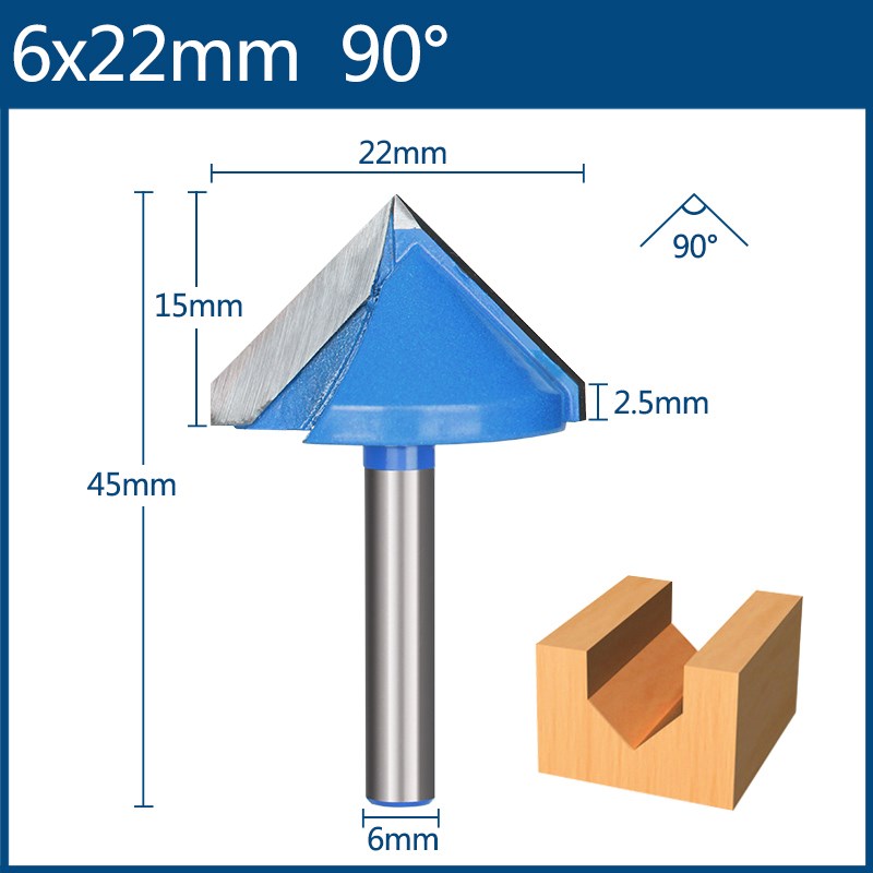 Fresa de 6mm, broca en V, broca enrutadora de MDF de madera maciza 3D, fresas de 60 90 120 150 grados: 22mm