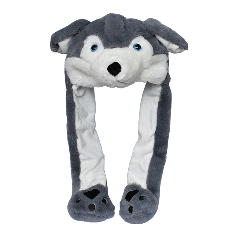 DOUBCHOW Ear Moving Cute Plush Grey Wolf Animal Hat with Paws for Adults Teenagers Kids Boys Girls Costume Winter Hats Beanie