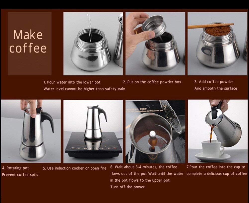 Stovetop Espresso Maker Stainless Steel Moka Pot Coffee Maker 100/200/300/450ML Coffee Pot Stovetop Tool Percolator Cafetiere