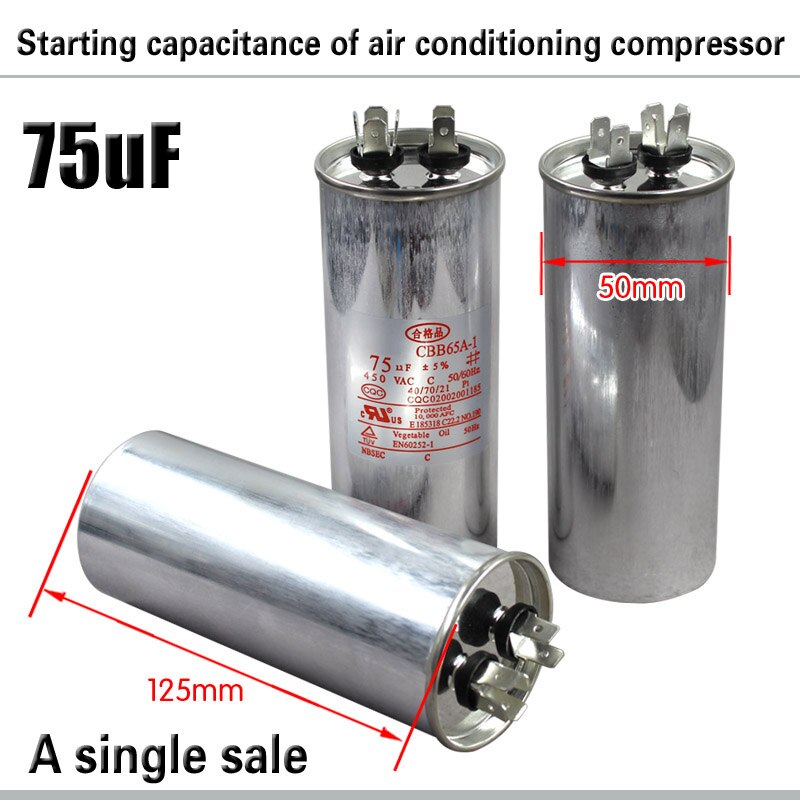 Kompressor klimaanlæg klimaanlæg kondensator 20/25/30/35/45/50 / 75uf /  cbb 65 start kondensator 450v: 75uf
