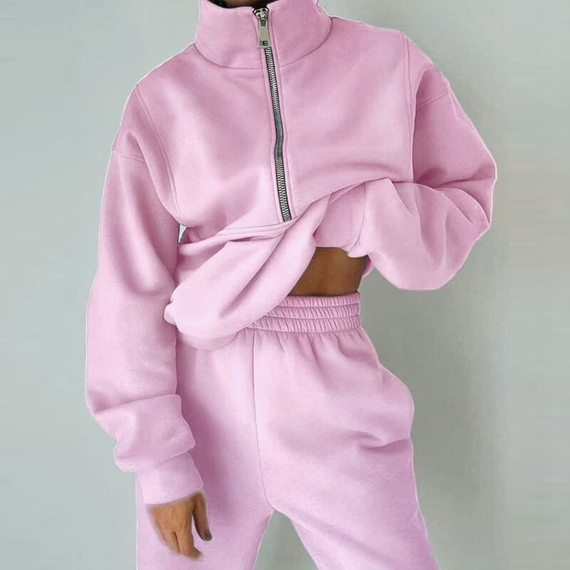 Casual Oversized Polo Zipper Sweatshirts And Trouser Tracksuits Set Women Fleece Two Piece Set Spring Winter Sports Warm Suit
