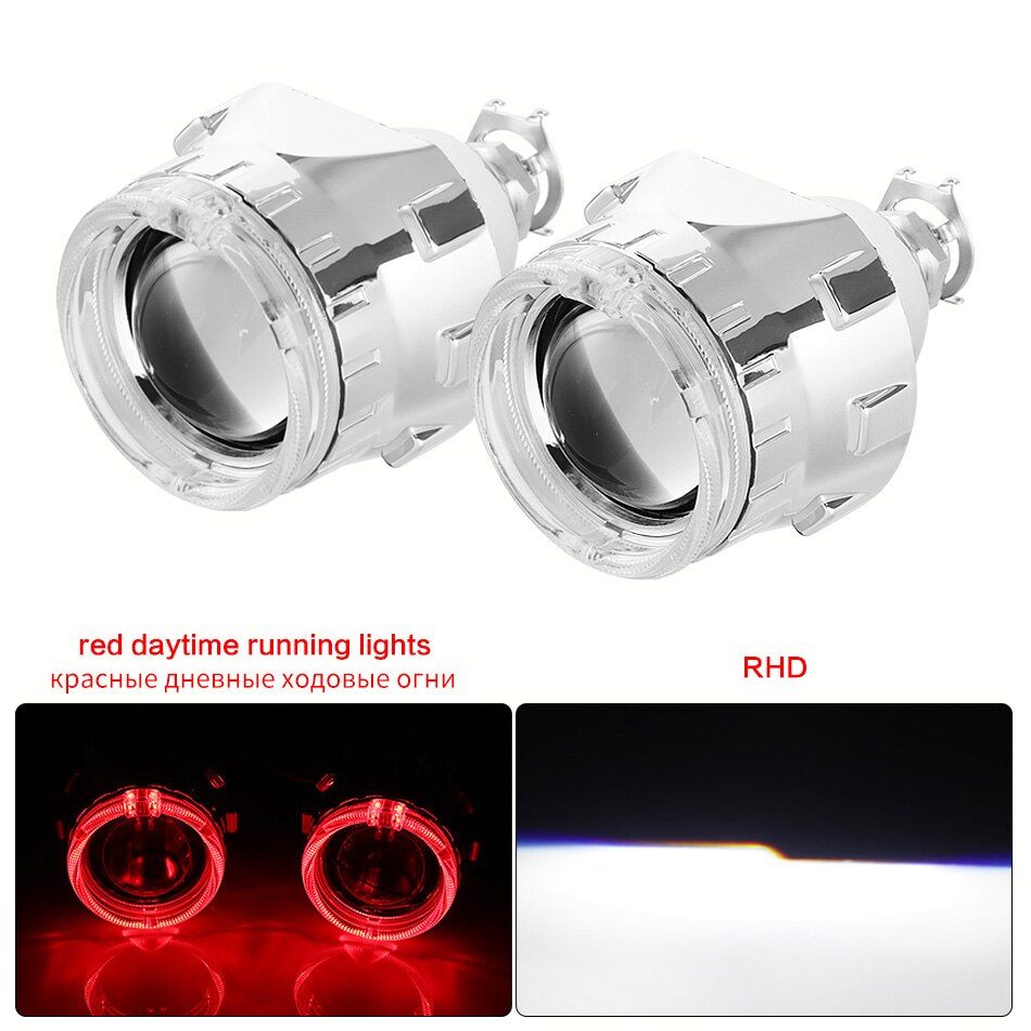 Aileo 2x 2.5 tommer led angel eyes bi-xenon projektor linse kørelys drl  h4 h7 h11 bil retrofit styling brug  h1 lys universal: Sølv rød rhd
