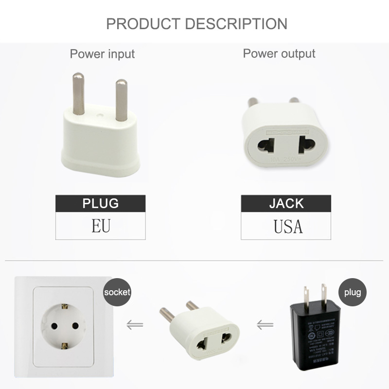 EU Adapter Plug USA to Euro Europe Travel Wall Electrical Power Charge Outlet Sockets US China to EU 2 Round Pin Plug Socket