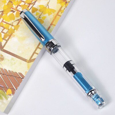 Wing Sung 3008 Piston Fountain Pen Big Volume Demonstrator Fountain Pen F EF Nib Wingsung Fountain Pen: Silver Blue / F