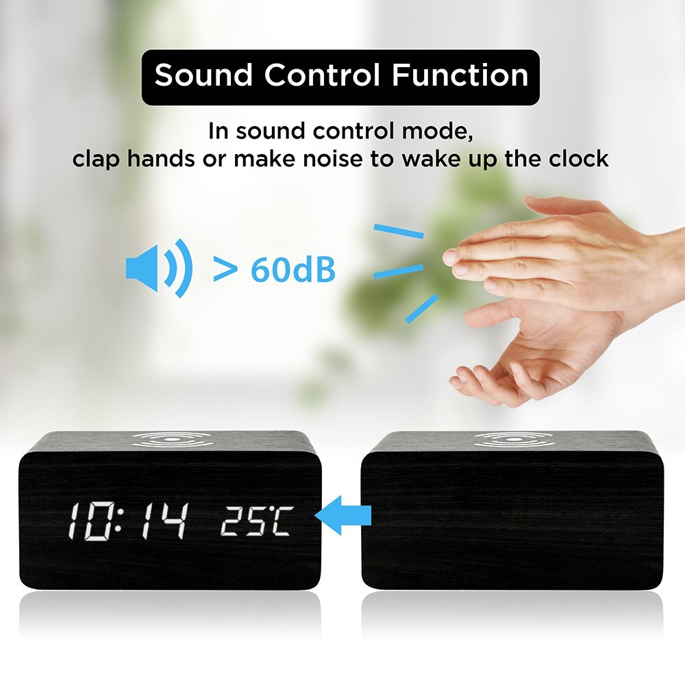 Wooden Alarm Clock With Qi Wireless Charging Pad Compatible With For Iphone Samsung Wood Led Digital Clock Sound Control Funct