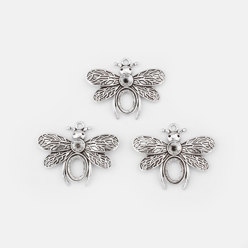 3Pcs Antiek Zilver Kleur Bee Charms Hanger Met 7Mm Kegel En 12*16Mm Ovale Cabochon Blank basisafstelling Cameo Lade Sieraden