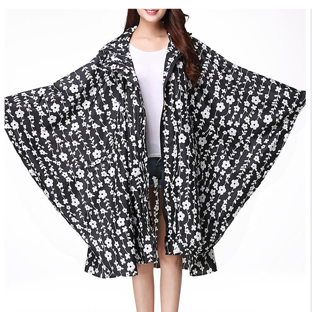 Women Men Flower Printed Raincoat Poncho Hooded Waterproof Jacket