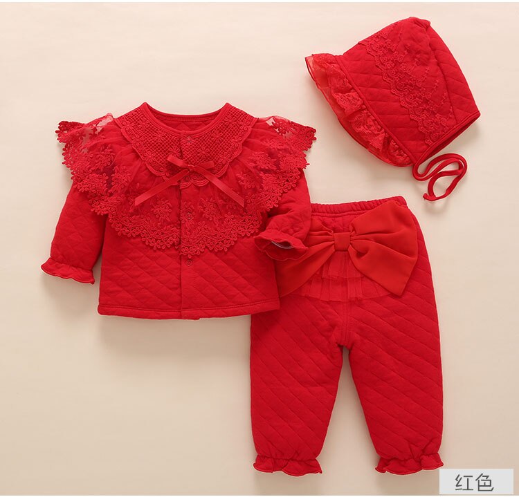 Nyfødte baby pige efterår vinter tøj tøj & sæt medium tyk varm polstret top overtøj + bukser + hat lyserød blonder prinsesse tøj: Rød / 12m
