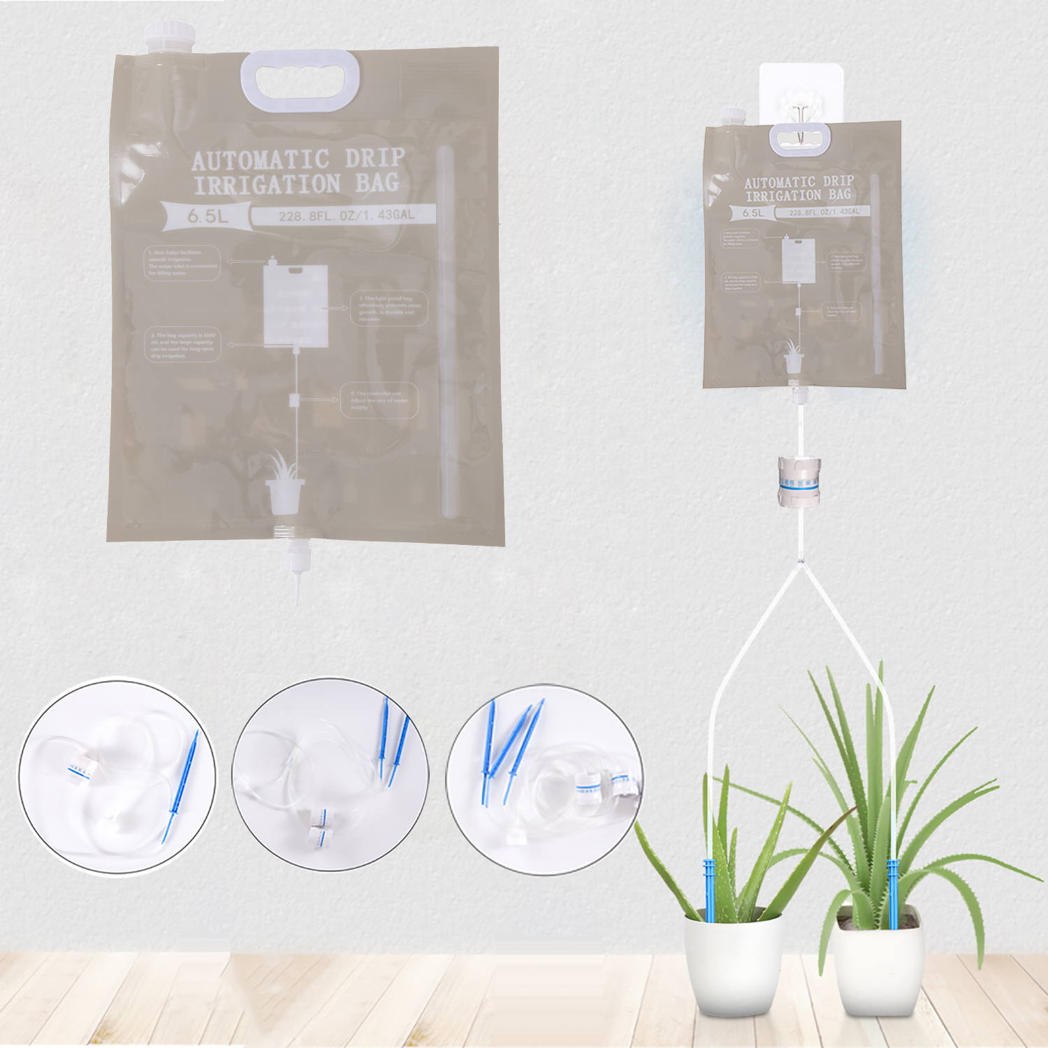 Borsa per irrigazione a goccia automatica da 6,5 litri Controllo del flusso di gocciolamento dell'acqua Kit per piantare pigri Manutenzione delle piante Borsa per irrigazione per irrigazione