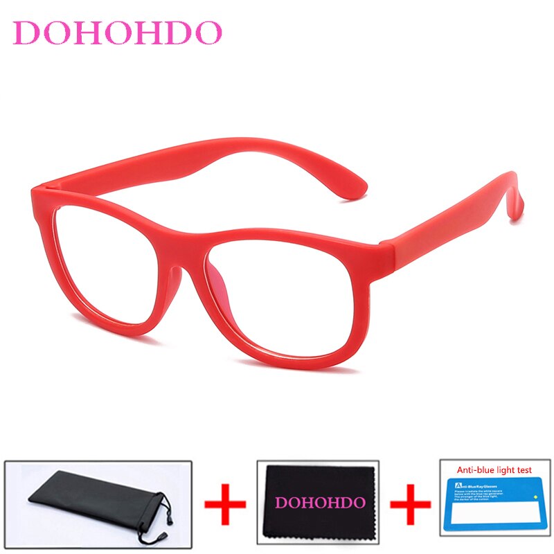 Dohohdo blåt lys blokerende glas fleksibelt  tr90 sikre briller piger drenge almindeligt spejl anti-blåt lys silikonebriller  uv400: Rød