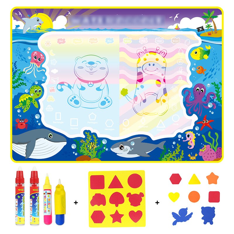 4 typer stor størrelse magisk vandtegningsmåtte sæt med vandpen & eva-frimærker maleri doodlebræt pædagogisk legetøj til børn