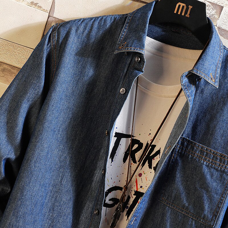 Jeansskjortor herr solida långärmade jeansjacka tvätt denim cowboyjeansskjortor herr casual