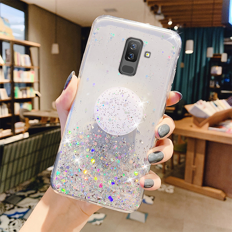 Handyhülle mit silberner folie für samsung Galaxis  a6 a8 Plus, glitzernde, weiche silikonhülle mit ständer