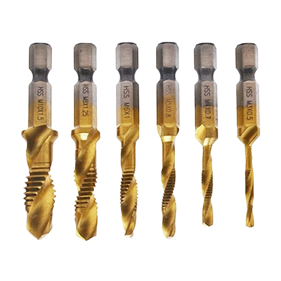 6pcs/set M3 M4 M5 M6 M8 M10 Metric Screw Taps Drill Bits HSS 1/4'' Hex Shank Thread Tap Spiral Screw Drill Bit Woodworking Tools