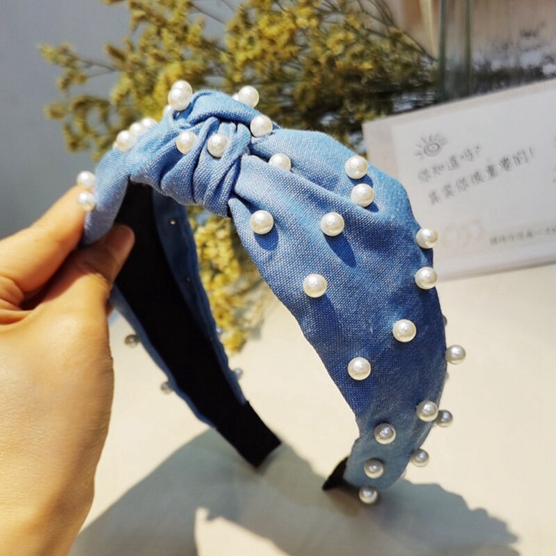 Pearl Hoofdbanden Voor Vrouwen Dames Solid Bow Knoop Kralen Haarband Zoete Elastische Vrouwen Haar Hoofd Hoepel Meisjes Haar Hoofdband: BL