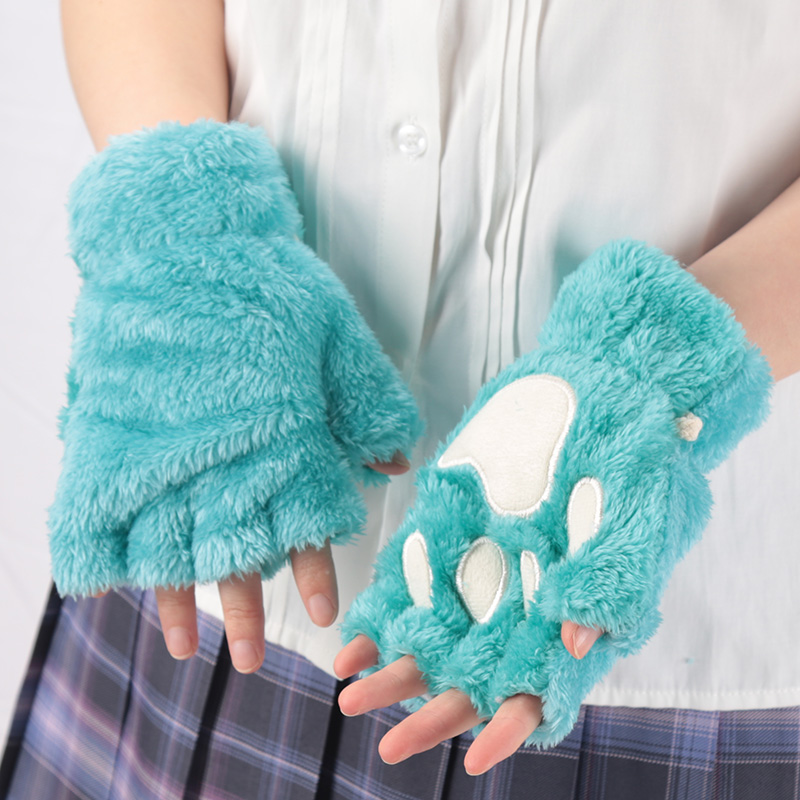 Gants à griffes de chat de dessin animé pour femmes, peluche épaisse, joli Style patte d'ours, doigts exposés, mitaines demi-hiver, gants chauds pour filles: Vert émeraude
