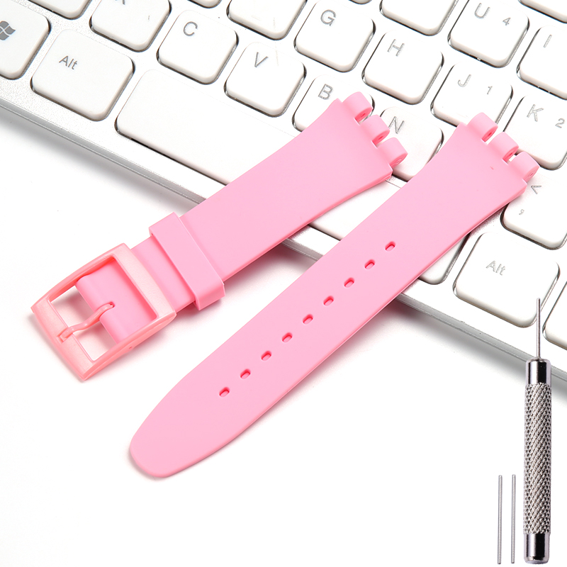 Correa de reloj de silicona de 17 19 y 20mm adecuada para correa de reloj SWATCH, correa de repuesto suave para mujeres y niños, pulsera impermeable con herramienta: Rosa / 19mm