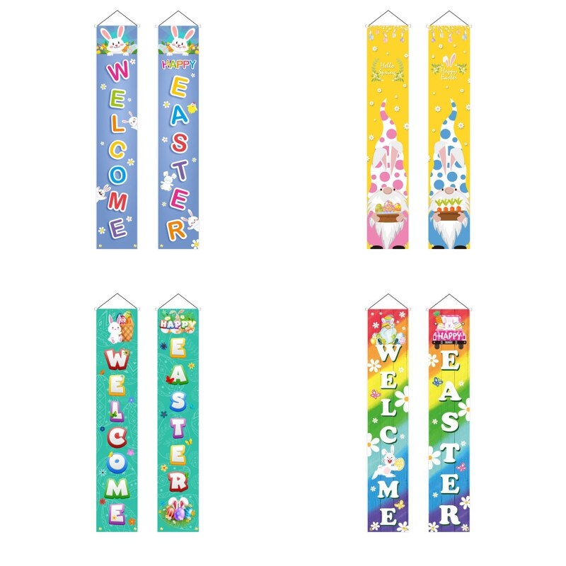 Easter Porch Sign Happy Easter Welcome Hanging Door Sign Bunny Eggs Wall Banner for Yard Home Easter Decoration B03E