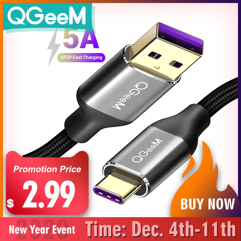 QGEEM 5A USB Type C Kabel voor Huawei P20 Mate 20 Pro USB Snel Opladen USB C Datakabel Honor v10 Supercharge Type-C Kabel