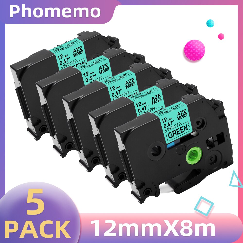 5PK Label Tape for P3100 E1000 Pro Ribbon Label Maker Printer Black on White TZe-231 TZe-631 Compatible for Brother Label Tapes: 5pcs Black on Green