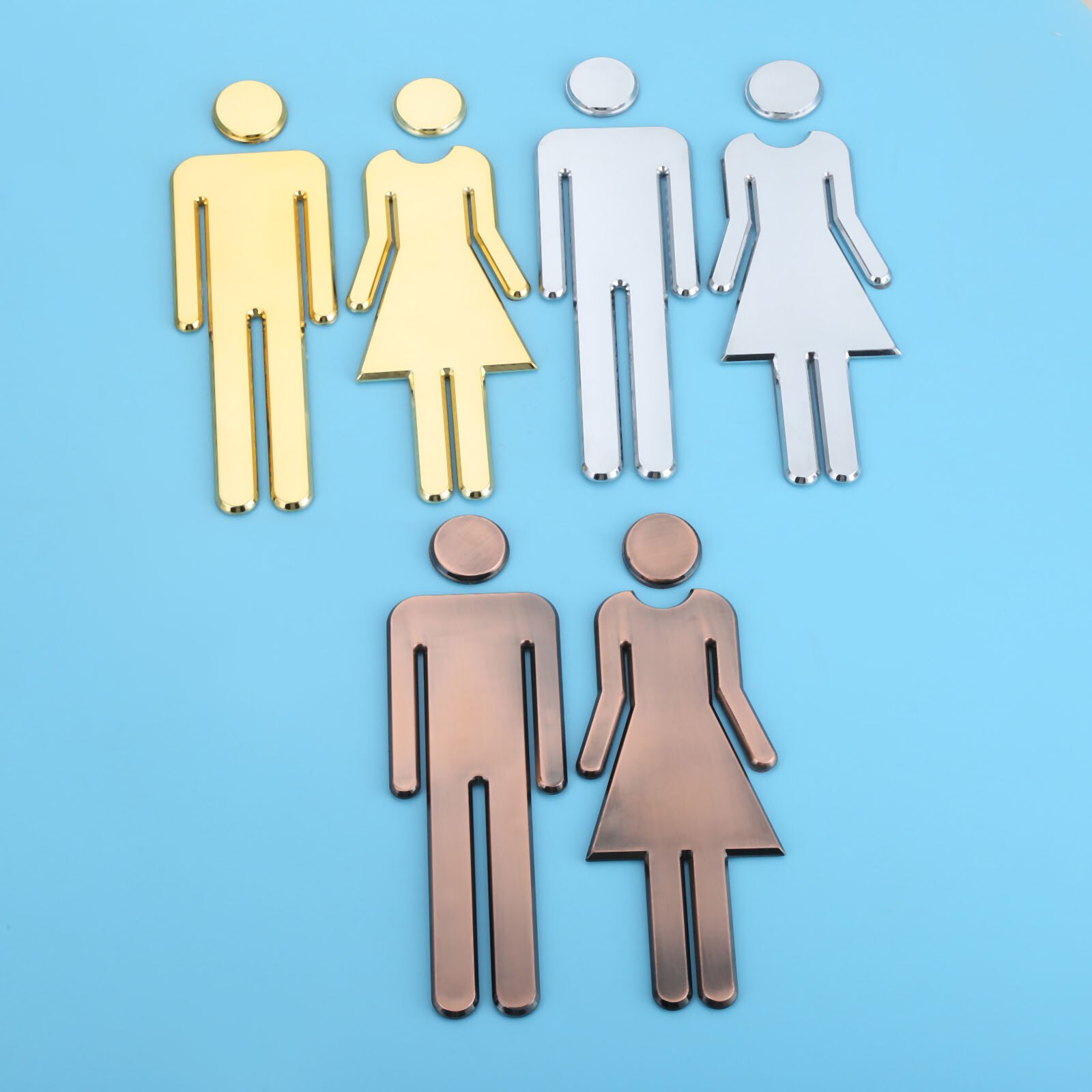 1Pair 3D Adhesive Backed Public Toilet Symbol Restroom Sign Men Women Wall Art Stickers for Hotel School 20cm Bronze/gold/silver