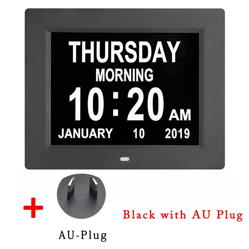 8 idiomas digital dia relógio led calendário dia/semana/mês/ano despertador para idosos demência visão deficiência decoração da casa: Black with AU Plug