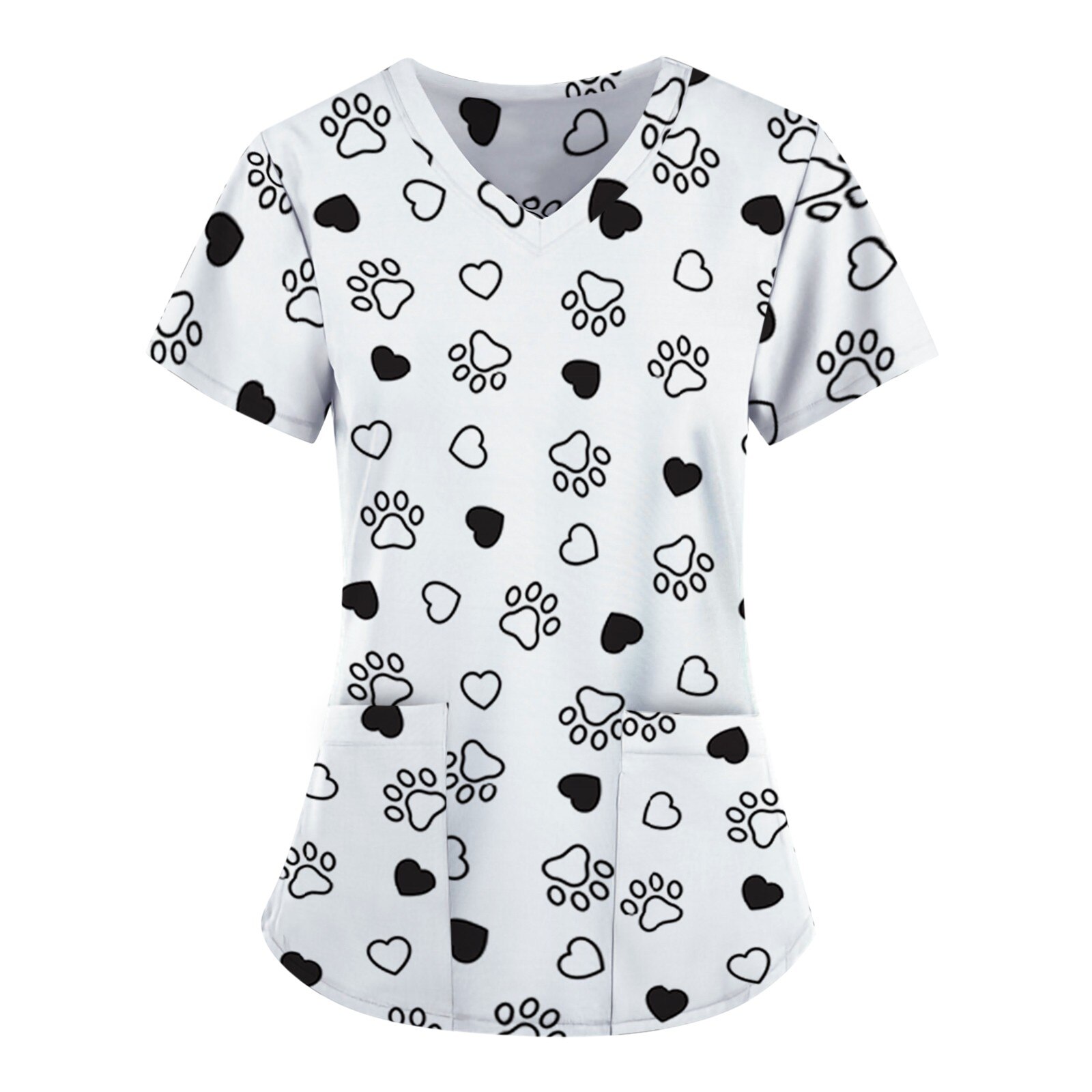 Vrouwen Werken Uniform Verpleging Scrubs Tops Leuke Valentijnsdag Liefde Pocket V-hals Korte Mouwen Losse Top Kostuum a50: WH / L