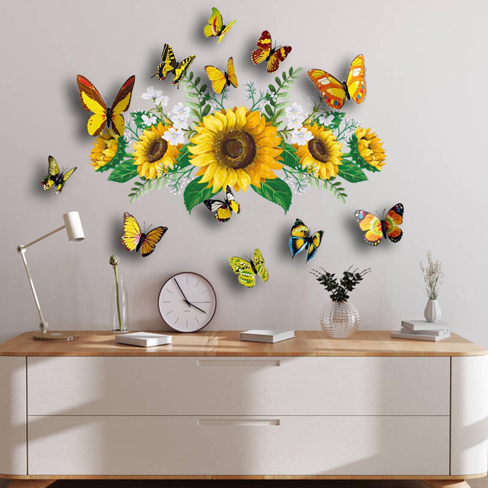 Zonnebloem Muurstickers Met 3D Vlinder Muursticker Vlinder Muurstickers Stickers Наклейки На Стену