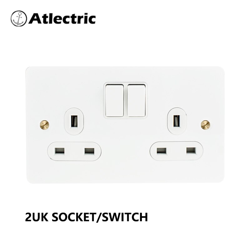 Atlectric UK Socket With Switch white Knurled 110-250V Electrical Sockets Outlets Stainless Steel Wall Socket Plugs: 2UKGL-DHW