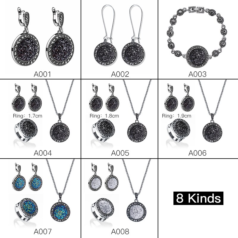 MISANANRYNE Vintage Schwarz Edelstein Schmuck Set Frauen Schmuck Set Antike Silber Kristall Runden Stein Anhänger Halskette Sets