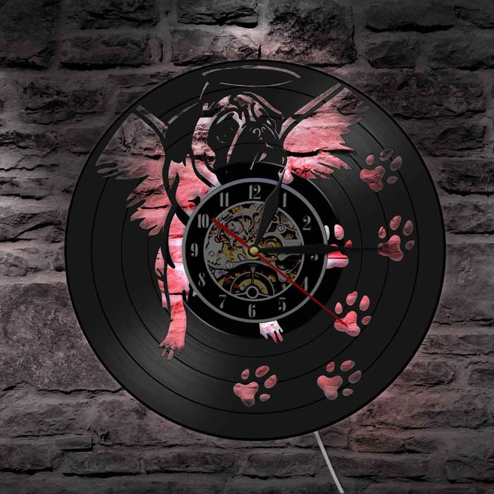 Horloge murale en vinyle pour bouledogue français, avec aile d&#39;ange, Art moderne, Vintage, carlin, chien, décoration de maison, lumineux LED: With LED Light