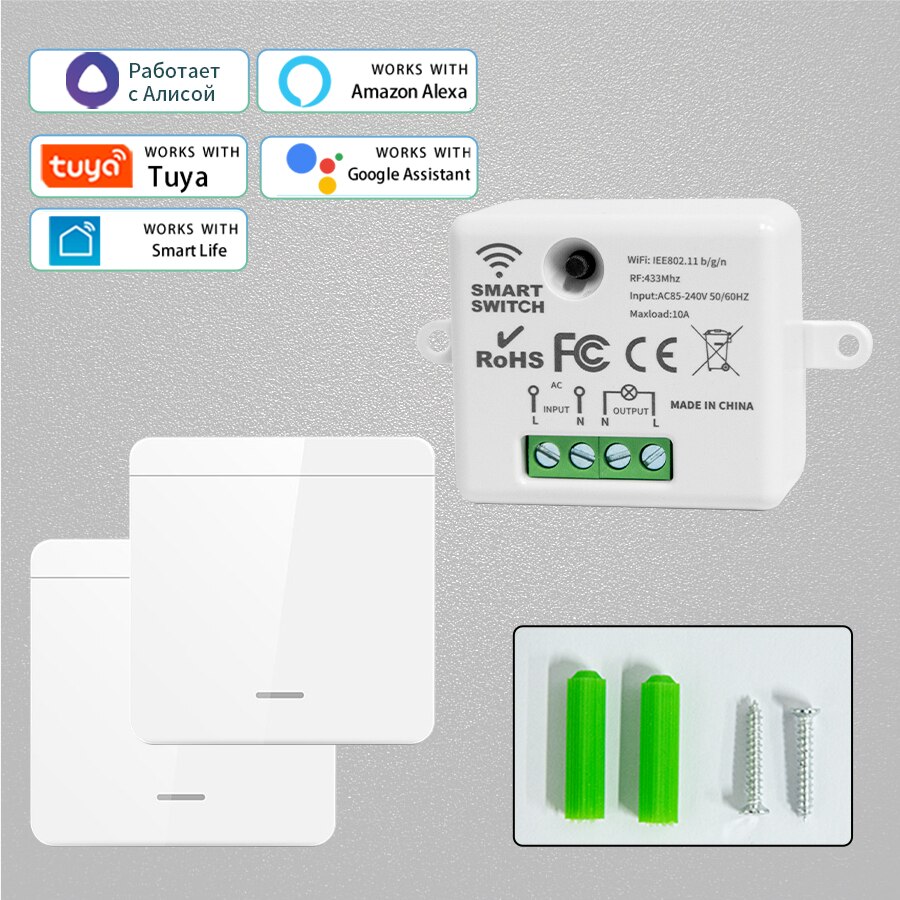Alexa Wifi Smart Switch Tuya Alice Smart Life Home Gadgets Wireless Wall Interruptor for Light DIY Mini Module 1/2/3 Gang 433Mhz: 1 Receiver 2 Switch