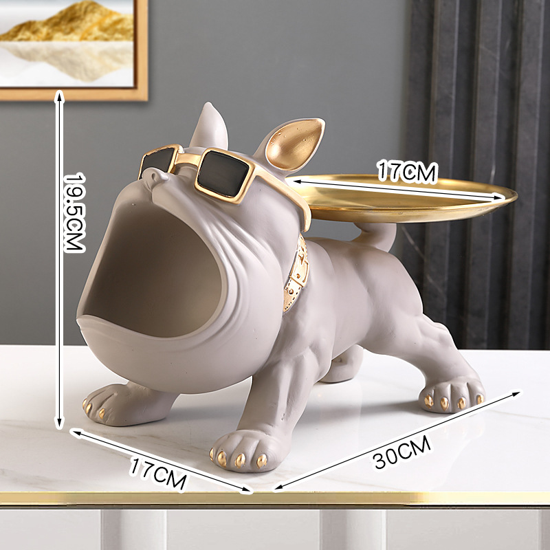 Cool French Bulldog Butler Décor with Tray Big Mouth Dog Statue Home Décor Storage Box Animal Resin Sculputre Figurine Art: army green
