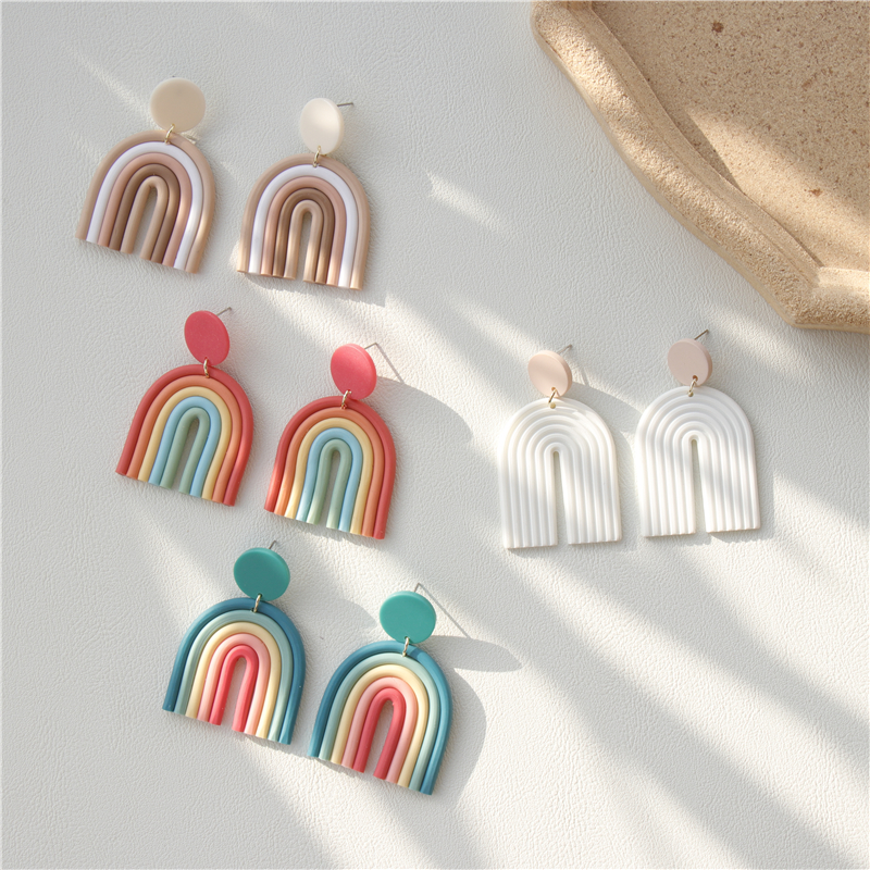 AOMU Ethnic Boho Gradient Ceramic Clay Rainbow Color Arched Colorful Line Handmade Long Dangle Earrings for Women Jewelry