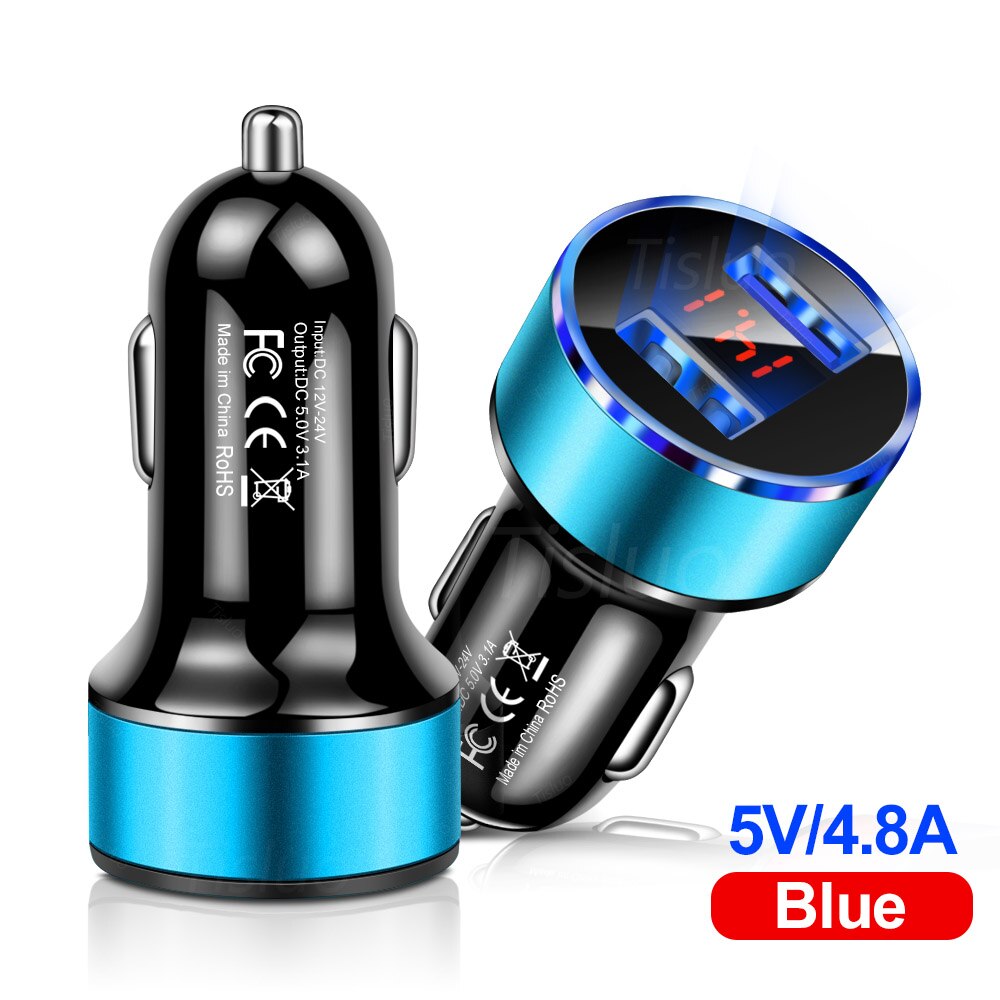 4.8A Car Charger Mobile Phone Fast Charging Adapter in Car with LED Display Quick Charge Universal Dual USB Car Charger: Blue