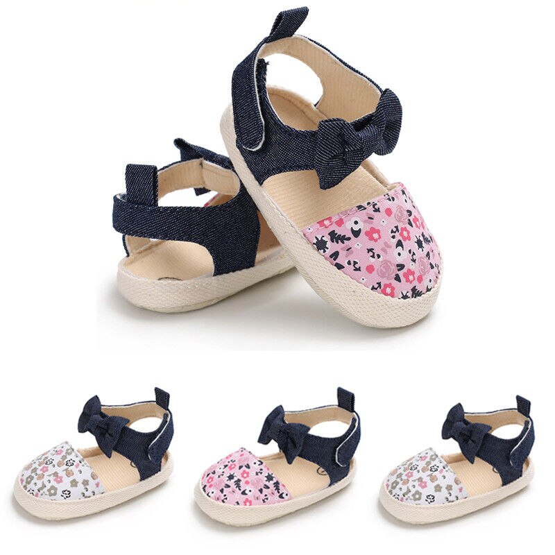Sommer søde småbørn børn baby pige bowknot blomstermotiver sandaler sko bomuld flad med hæl krog sko 3 stil outfit 0-18m