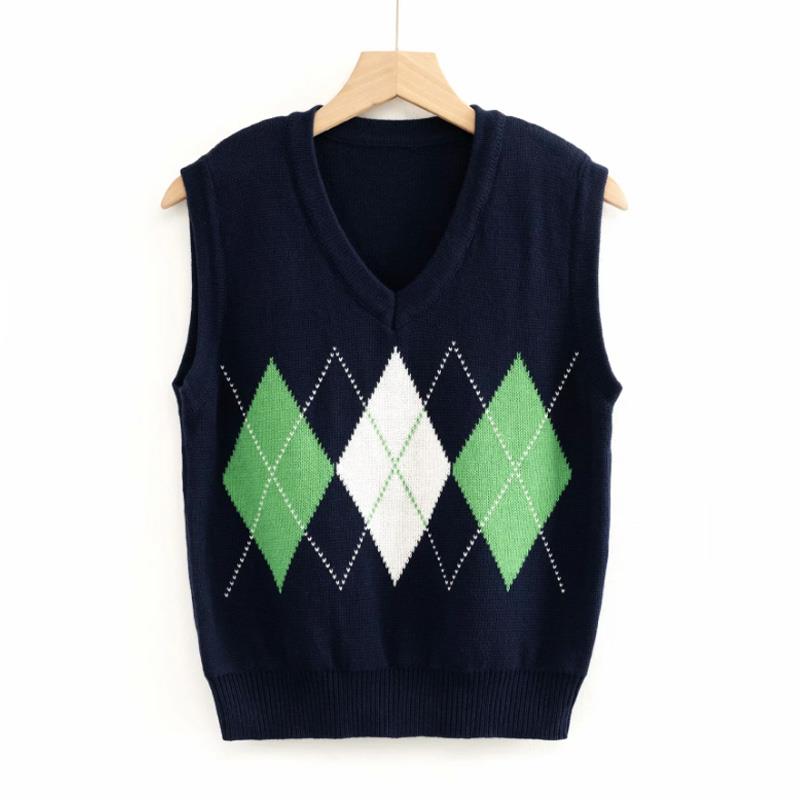 Efterårsstrikket tanktop kvinder vintage argyle sweater vest kvinder strik vest top cropped sweater veste plaid koreansk vest v-hals: Grøn sweater