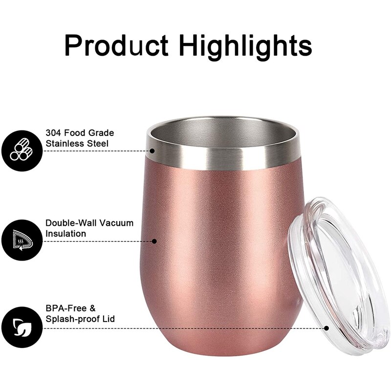 6 Pack Stainless Steel Wine Tumbler Wine Glass, 12Oz Double Wall Vacuum Insulated Wine Tumbler With Lid Straw