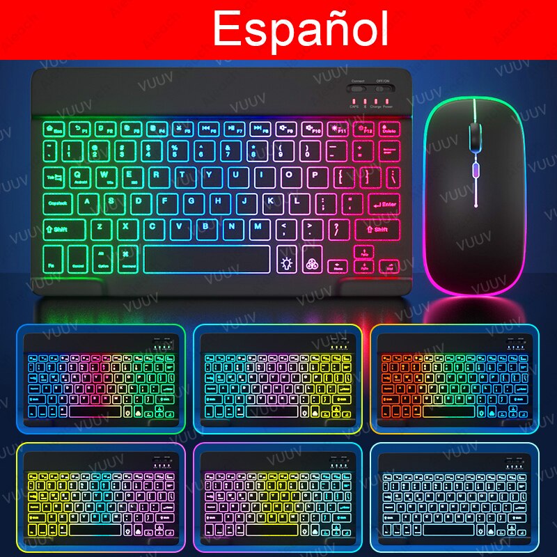 Bluetooth-compatible iPad Keyboard Mouse For iPad Pro 11 12.9 Air 4 7th 8th Rainbow Backlit Wireless Tablet Keyboard For Android: Spanish Black
