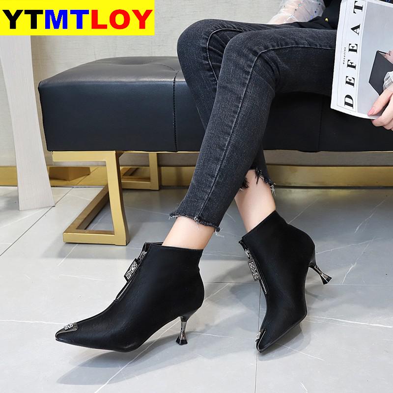 Enkellaarsjes Vrouwelijke Herfst Laarzen Stiletto Hakken Metalen Iron Laarzen Vrouwelijke Winter Plus Fluwelen Size 34-39