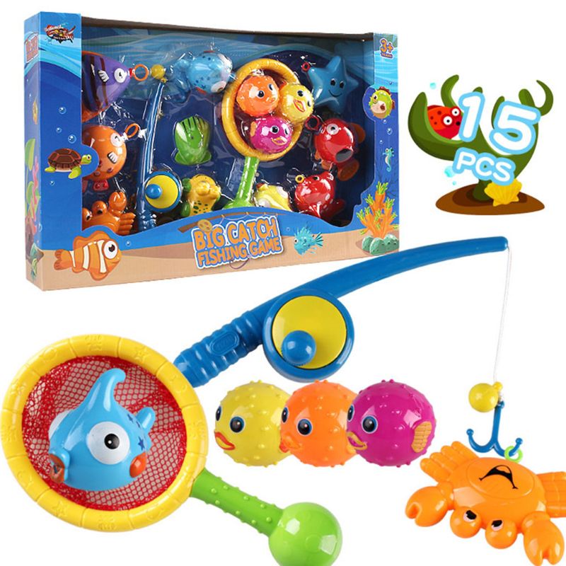 15 stuks kindervisspeelgoed, plastic vishengel, netzakset, kinderen spelen waterbadspel, educatief