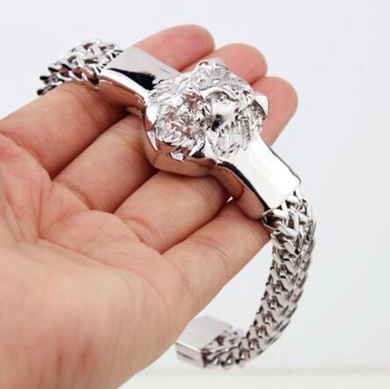 Overdrijving Rvs Ketting Gouden Leeuwenkop Punk Armband Voor Mannen Sieraden: A10183-Silver