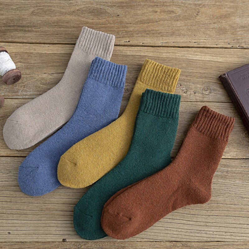 5 stuks/partij winterbadstof katoenen mix dikke warme sokken dames heren effen kleur bloemen hondenprint ademend casual crew sokken