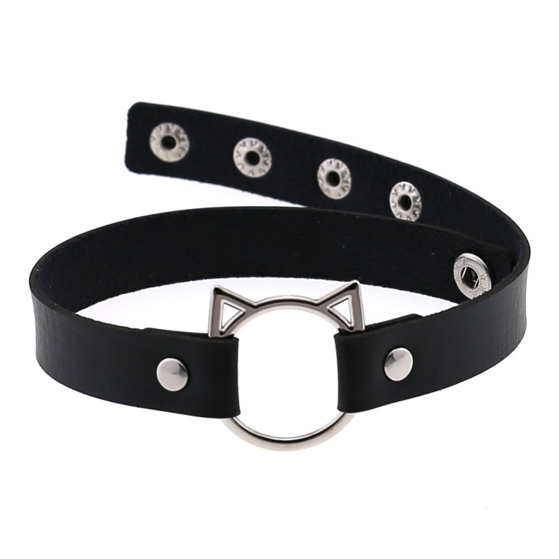 Damski czarny syntetyczny skórzany seksowny kołnierz z kociakiem Choker kołnierz z klamrą Goth alternatywny cienki gotycki naszyjnik nabijany ćwiekami Punk