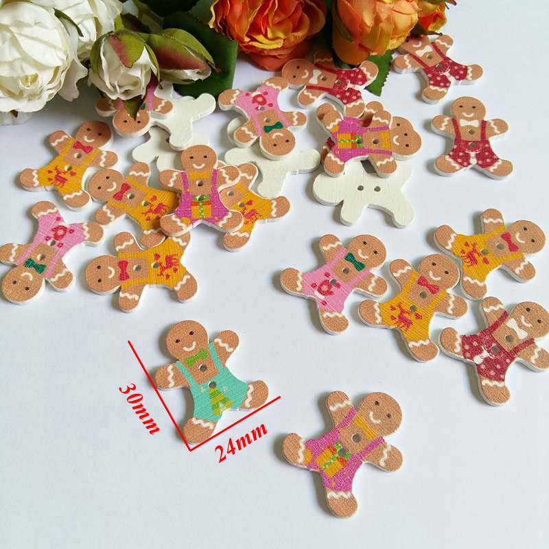 40pcs 2 Holes Gingerbread Man Christmas Button Decorative for Craft Sewing Wood Button For Clothing Kid Clothes Decoration