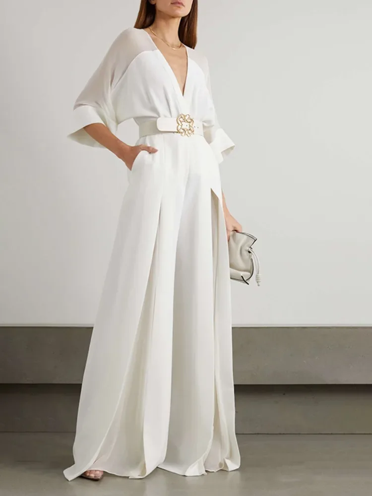 Gymystars gul jumpsuit kvinna lyxiga v-ringade jumpsuits knuten midja hög midja vida ben byxor
