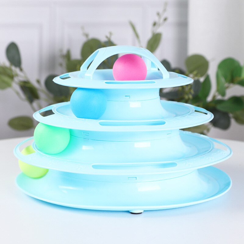 4 Levels Pet Cat Toy Training Amusement Plate Kitten Interacitve Tower Tracks Disc Cat Intelligence Amusement Triple Disc tumble: Light Blue